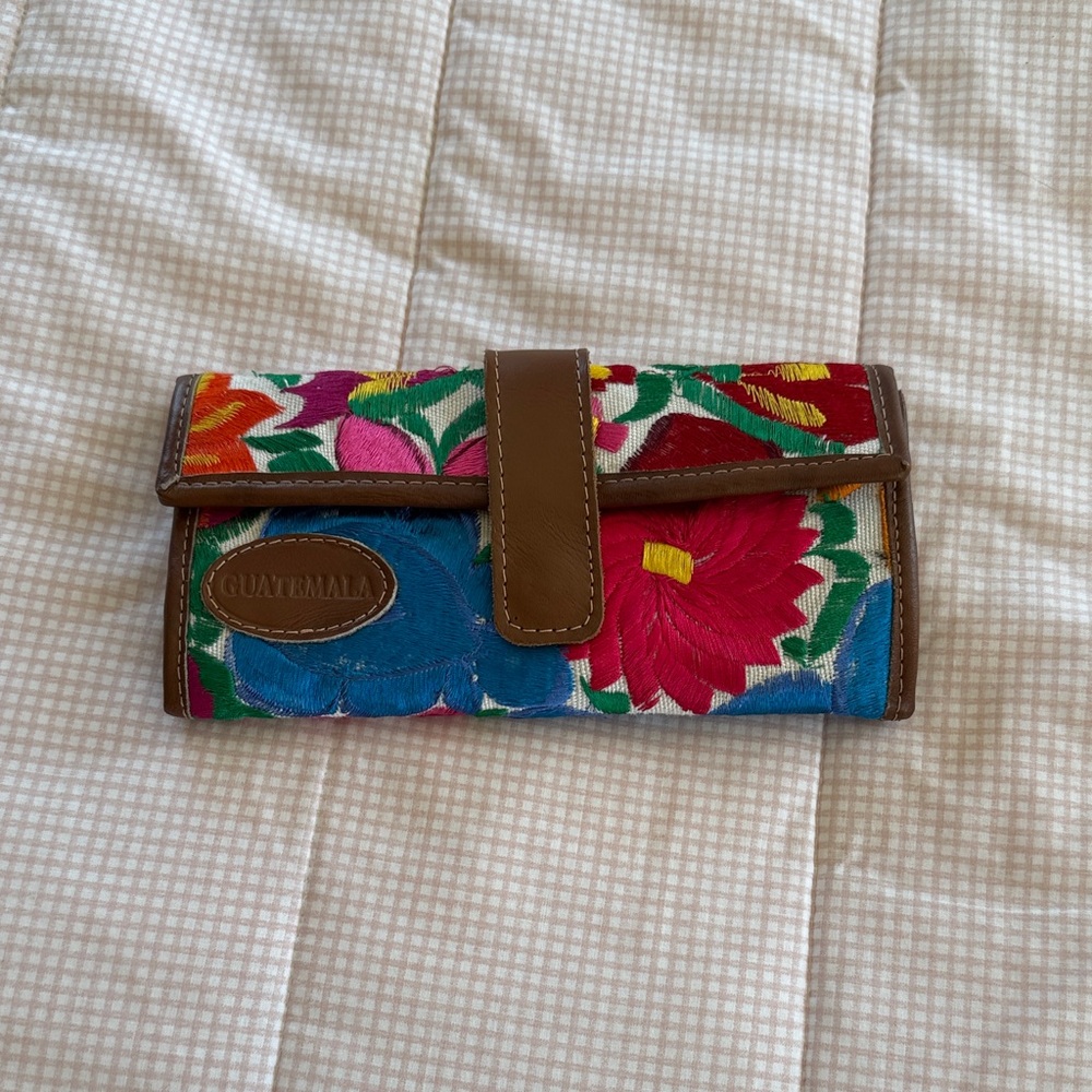 Colorful Floral Embroidered Wallet with Brown Accent